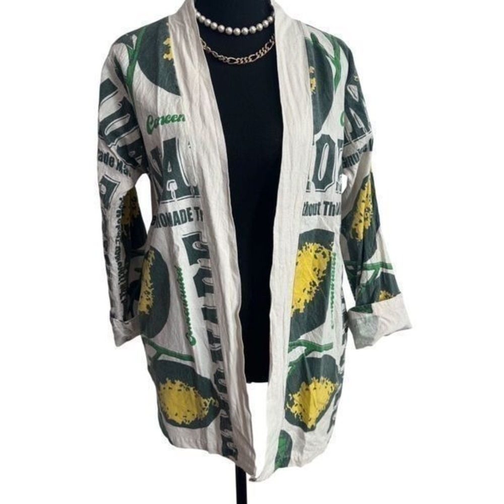 Kimono Jacket Cardigan Cover Up Lemon Print Cotton - Picture 3 of 6